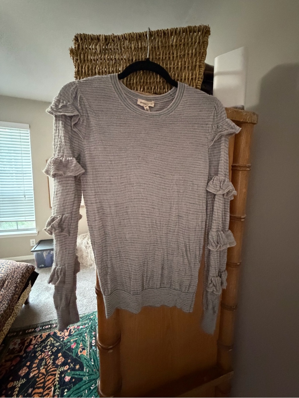 Rebecca Taylor Light Gray Ruffle-Trim Knit Sweater